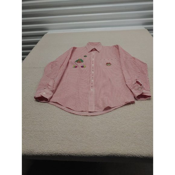 Mili Designs Button Up Shirt Women's M Red Striped Christmas Embroidered - Picture 1 of 15